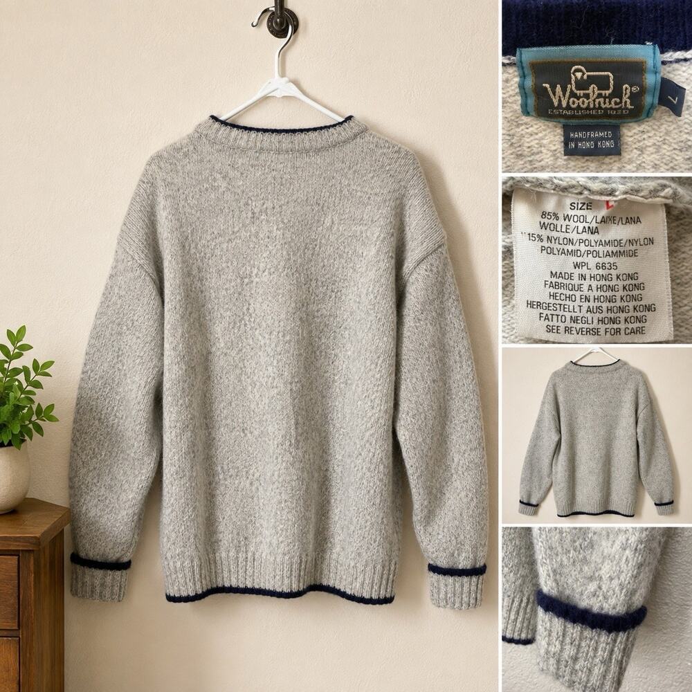 Vintage Woolrich Men’s L Gray Navy 85% Wool Crewneck Sweater Made Hong Kong